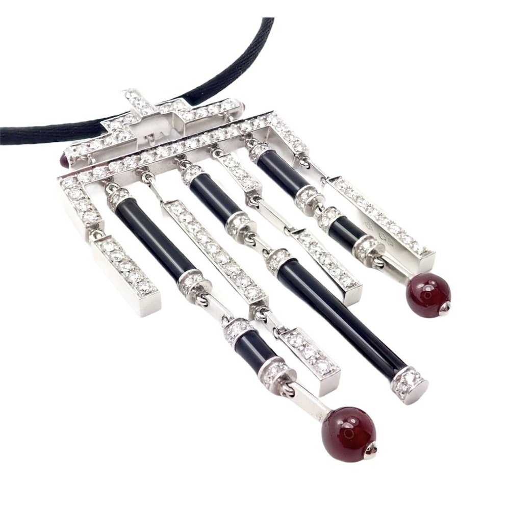 Cartier Le Baiser Du Dragon 18k White Gold Onyx Ruby Diamond Necklace w/ Paper